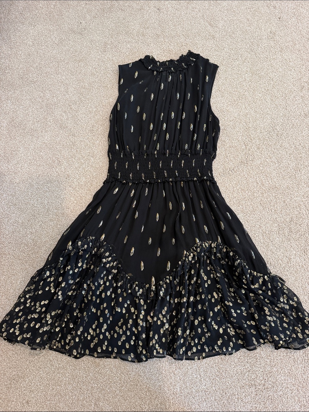 Rebecca Taylor Black Gold Metallic Silk Midi Dress Size 6